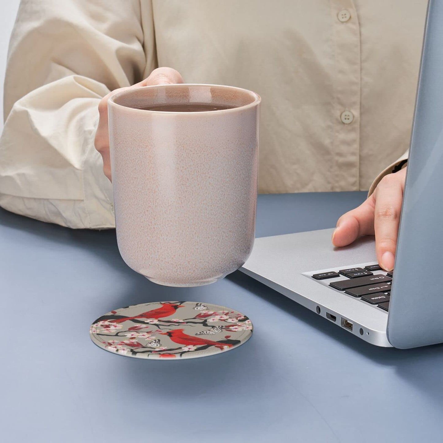 6 Pcs Leather Coasters for Drinks with Holder Red Birds Flowers Coaster Sets Drink Table Cup Coasters for Kitchen Coffee Decor