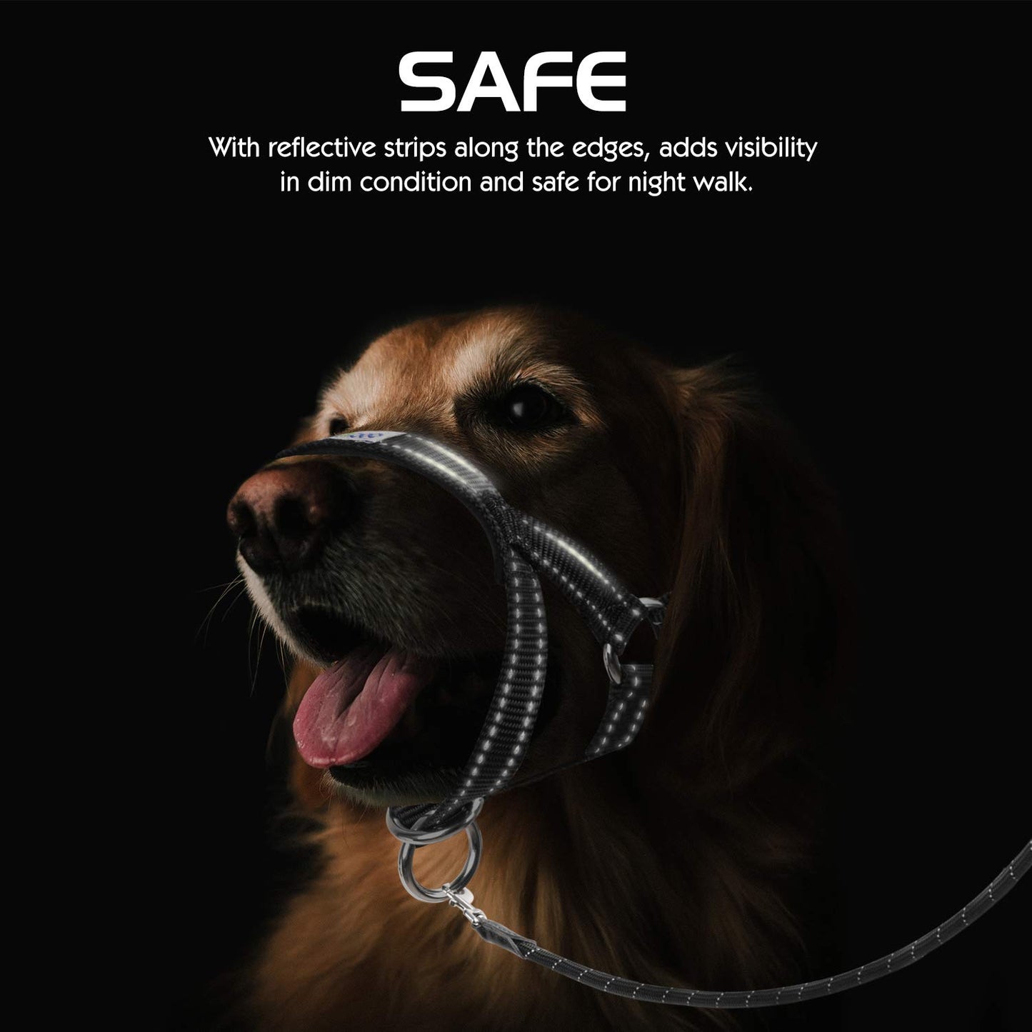 Pawaboo Dog Muzzle, Head Halter Collar for Dog, Pet Dogs Nylon Reflective Adjustable Loop Anti-Biting Barking Control Easy Fit Dogs StopsPulling Head Leash, Medium Size, Black