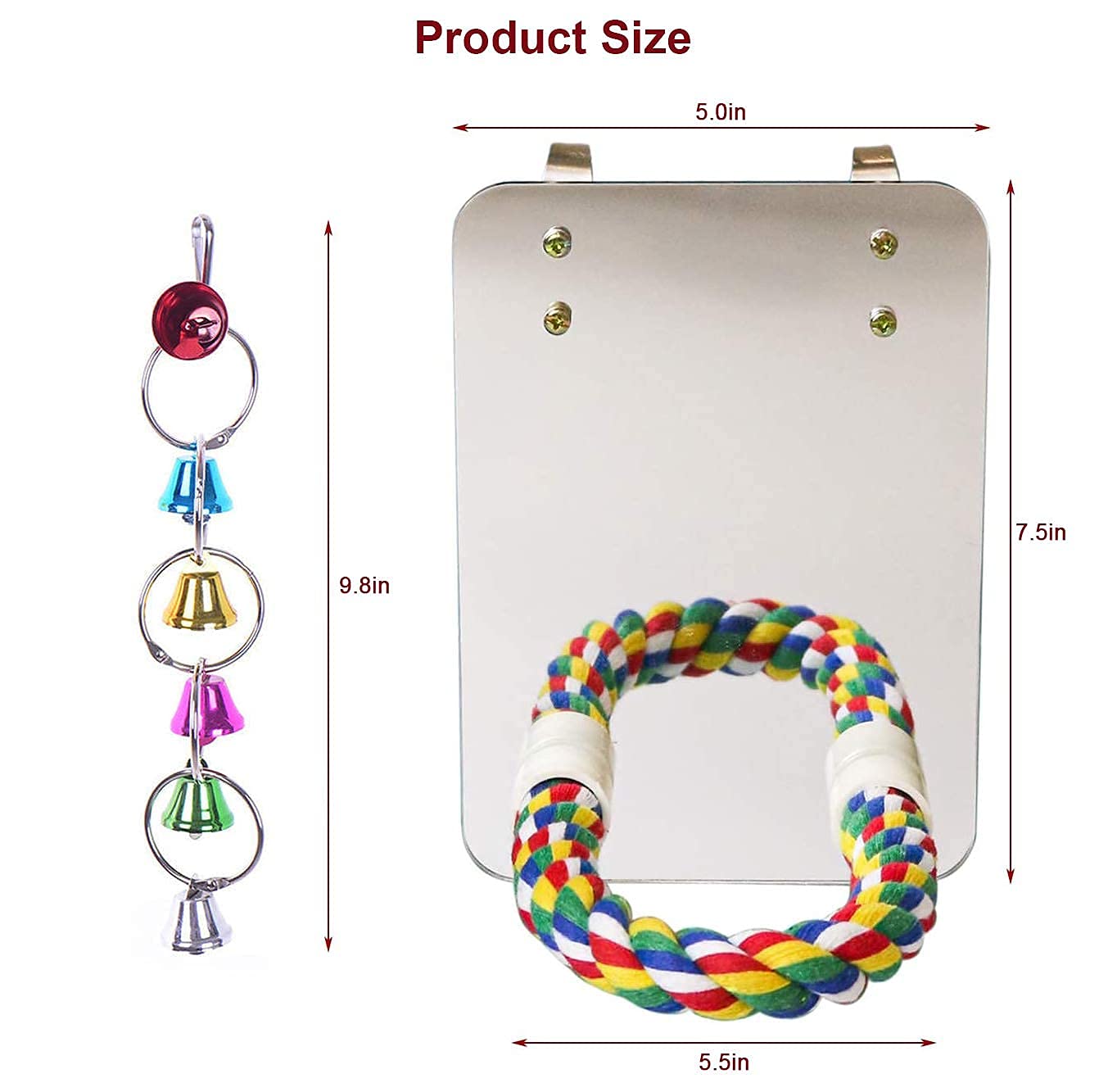 LOPERDEVE 7" Bird Mirror with Rope Perch Bird Toys Swing, Comfy Perch for Greys Amazons Parakeet Cockatiel Conure Lovebirds Finch Canaries