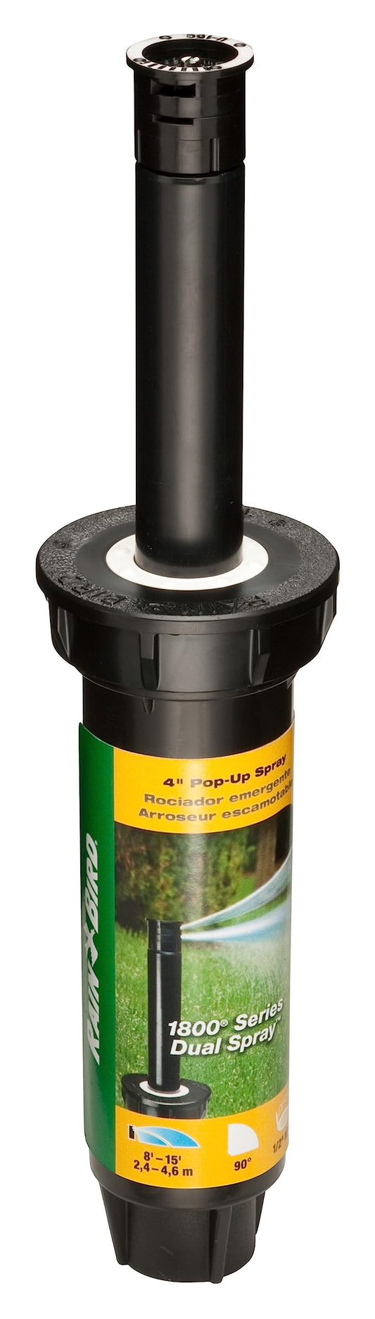 Rain Bird 1804QDS Professional Dual Spray Pop-Up Sprinkler, 90° Quarter Circle Pattern, 8' - 15' Spray Distance, 4" Pop-up Height