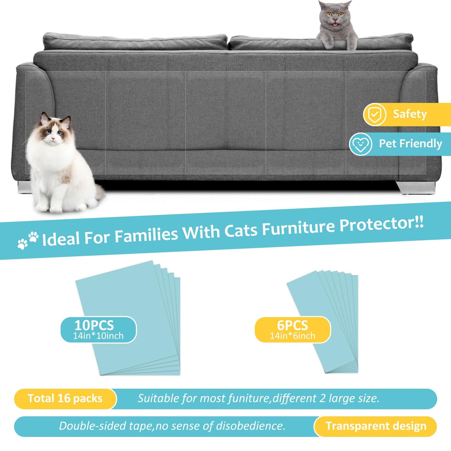 Cat Scratch Deterrent Tape, 16 PCS Anti Scratch Furniture Protector from Cats, Couch Corner Protectors, Sticky Paws for Cats, Training Tape, Self-Adhesive Cat Tape