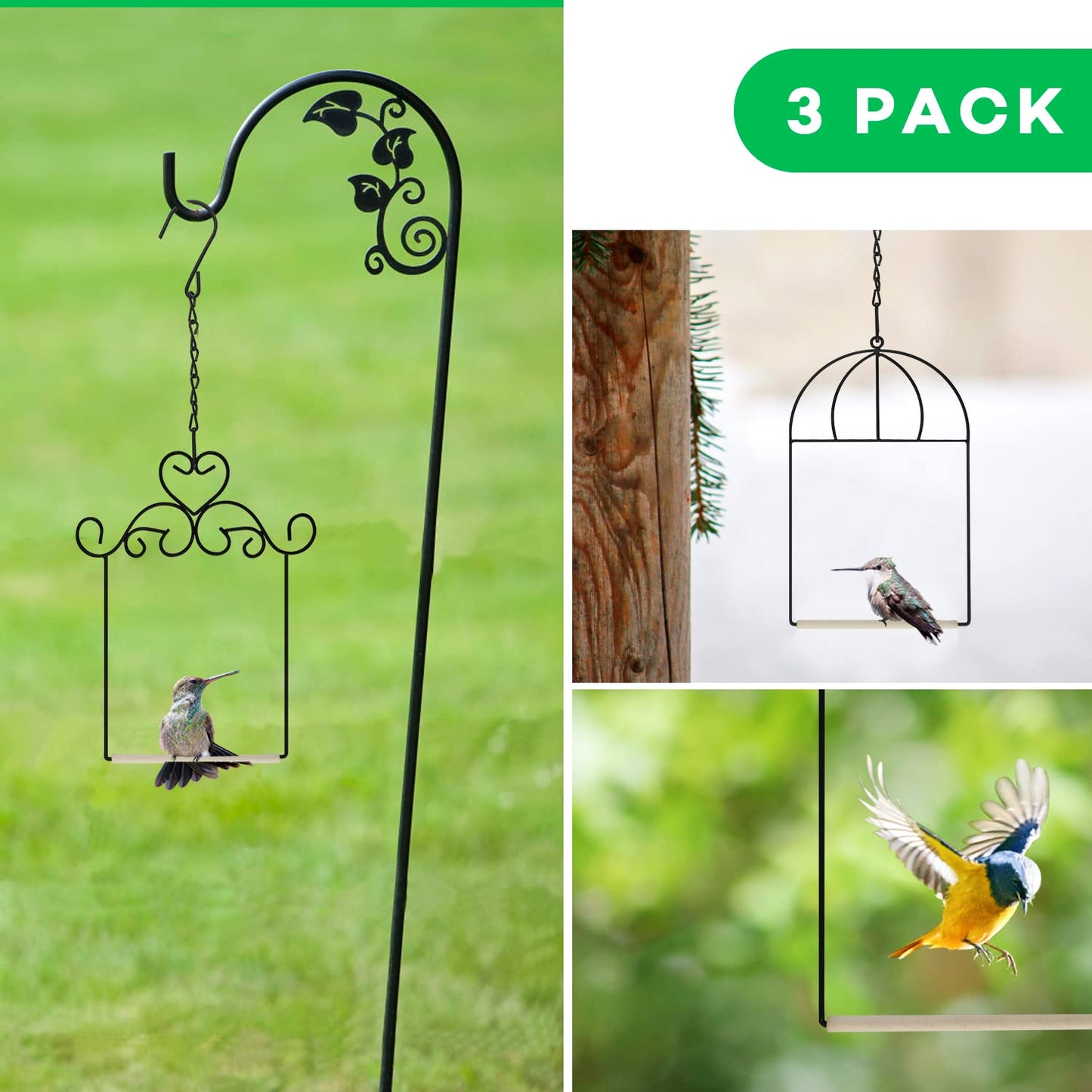 MIXXIDEA 3PK Hummingbird Perch, Hummingbird Swing with Metal Frame, Bird Swing with Wooden Dowel and Hanging Chain,Suitable for Hanging Indoor,Outdoor, Lawn,Patio,Garden