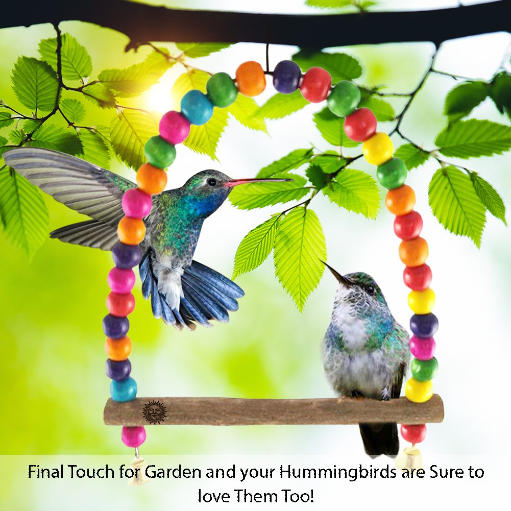 SunGrow Colorful Parakeet Swing Toy with Bells, Cockatiel, Lovebird & Budgie Wooden Perch Stand, 8.5x6 Inches, Sturdy Rocking Gym, Small Bird Cage Accessories to Balance, Exercise & Training