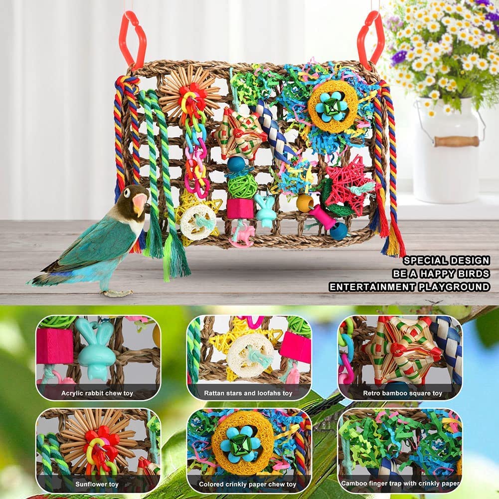 Bird Toys Bird Foraging Toys for Parakeets Cockatiel Conures Lovebirds Bird Foraging Shredding Seagrass Wall with Various Toys for Birds