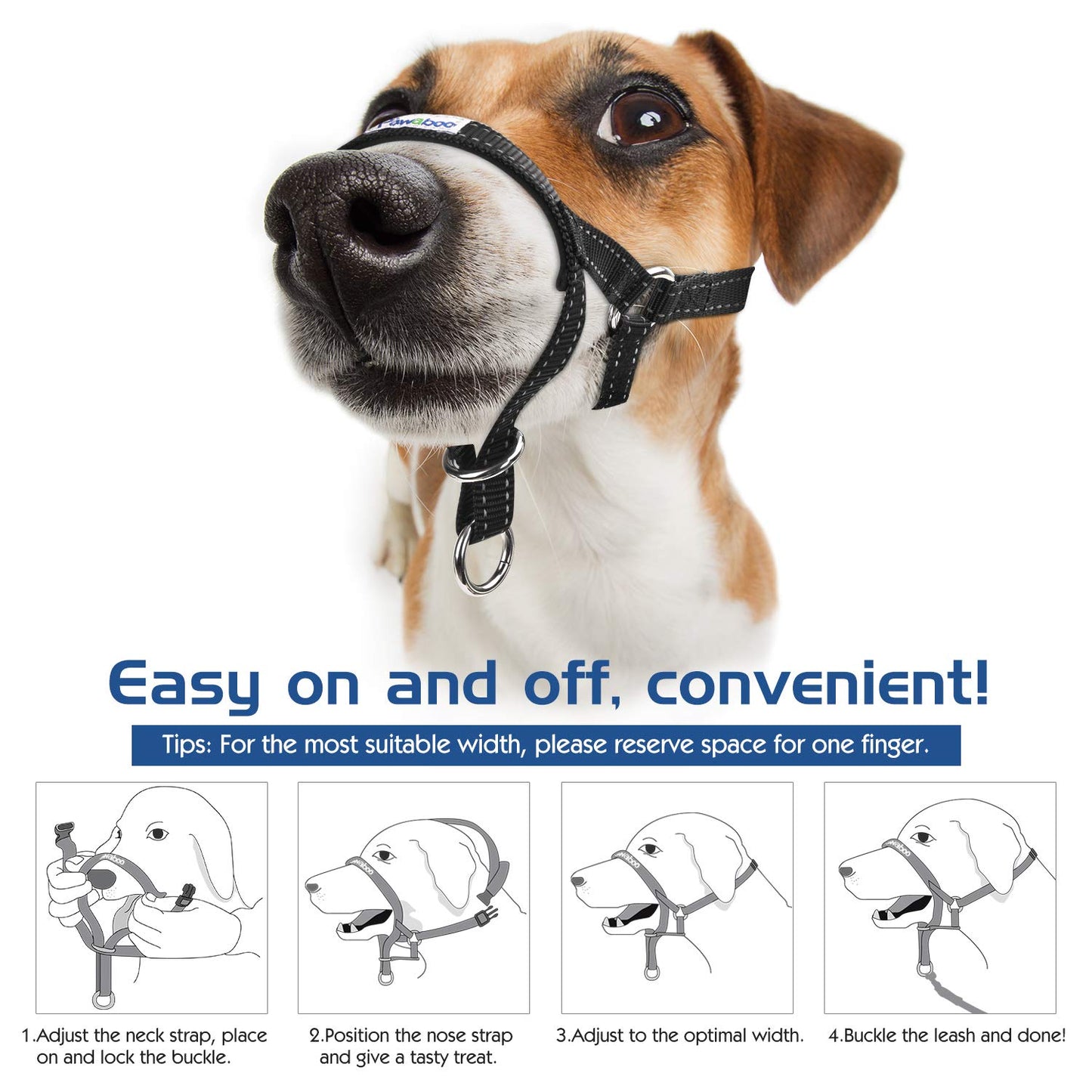 Pawaboo Dog Muzzle, Head Halter Collar for Dog, Pet Dogs Nylon Reflective Adjustable Loop Anti-Biting Barking Control Easy Fit Dogs StopsPulling Head Leash, Medium Size, Black