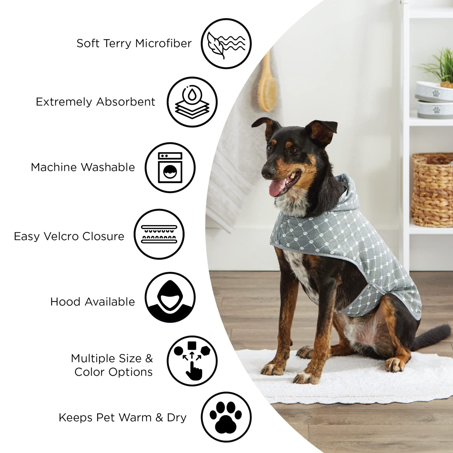 Bone Dry Pet Robe Collection, Embroidered Absorbent Microfiber Bath Robe with Adjustable Closure, for Dogs & Cats, Large, Raspberry Sorbet