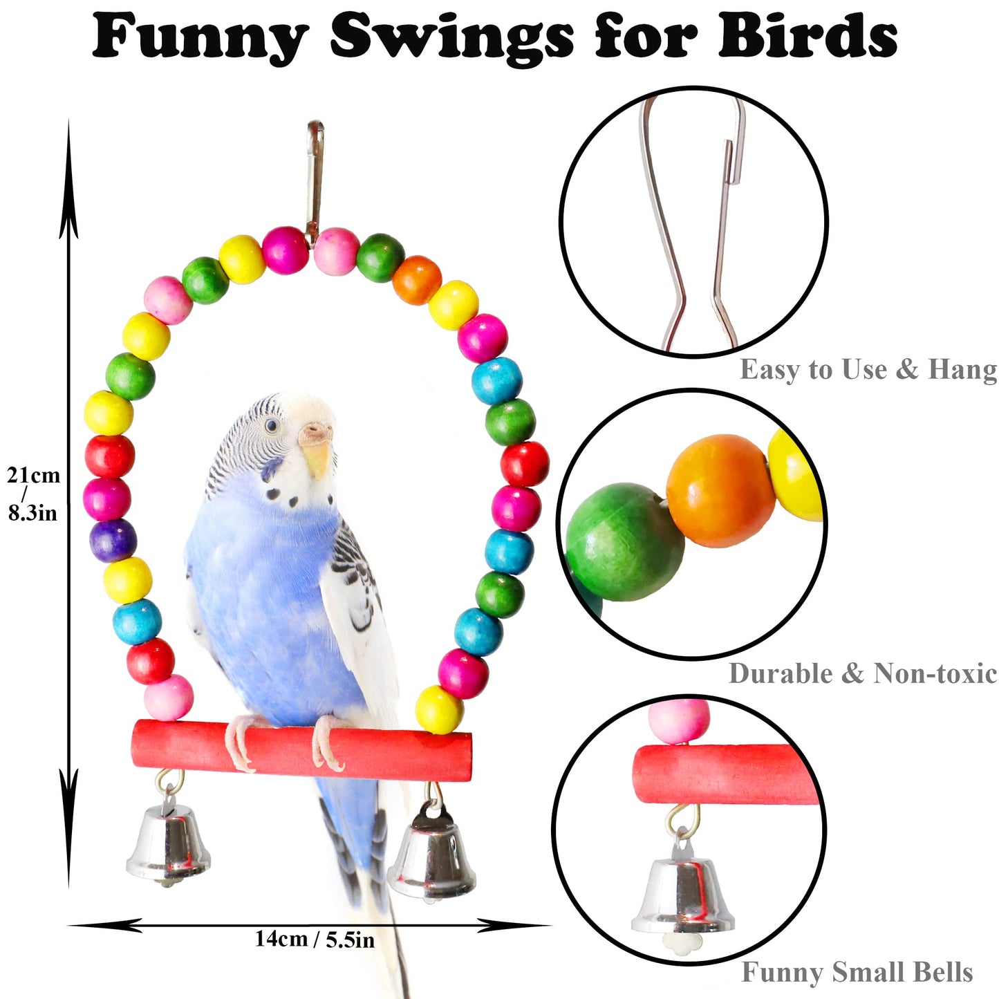 ESRISE 8 Pcs Parakeet Cockatiel Bird Toys, Parrots Cage Accessories Swing Wooden Perch Chewing Toy for Budgerigar, Conures, Love Birds, Finches, Budgies