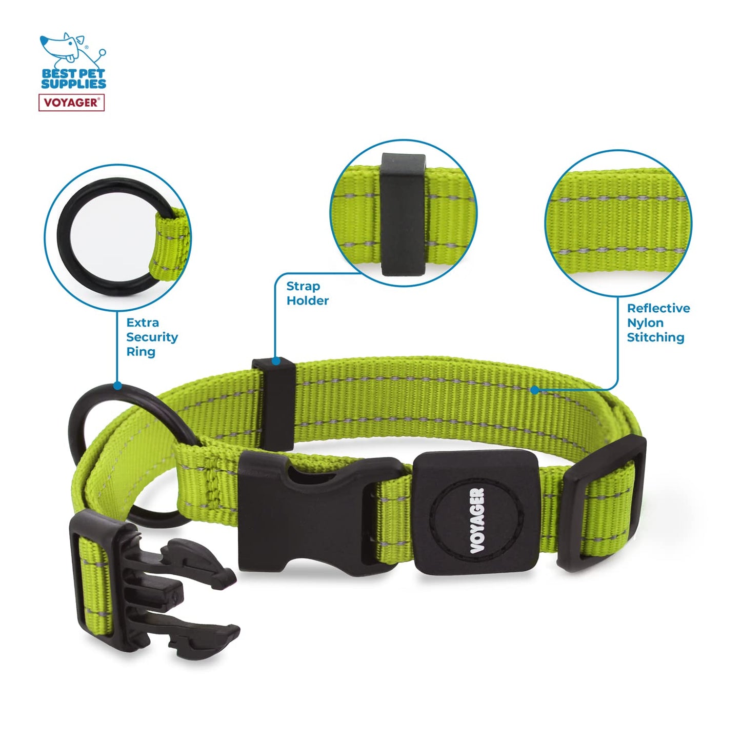 Best Pet Supplies Reflective Dog Collar with Adjustable Length, Heavy-Duty Buckle, and Strong Leash D-Ring, Training, Walking, Jogging Accessory for Small, Medium, and Large Breeds - Lime Green, M