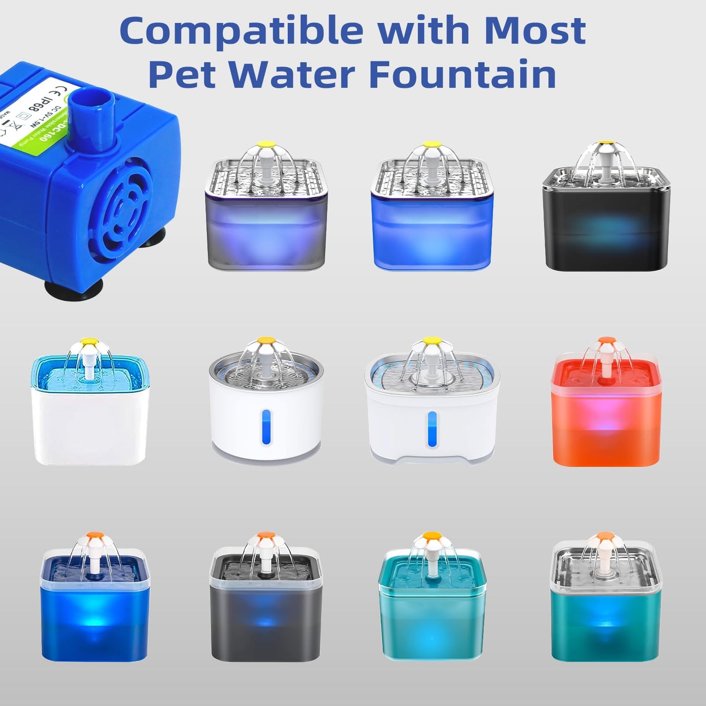 IP68 DR-DC160 submersible water pump Cat Water Fountain Pump for Tritone Ceramic, Stainless Steel, Round Flower Cap Cat Fountains, Automatic Pet Water Dispenser Replacement Pump (With LED)