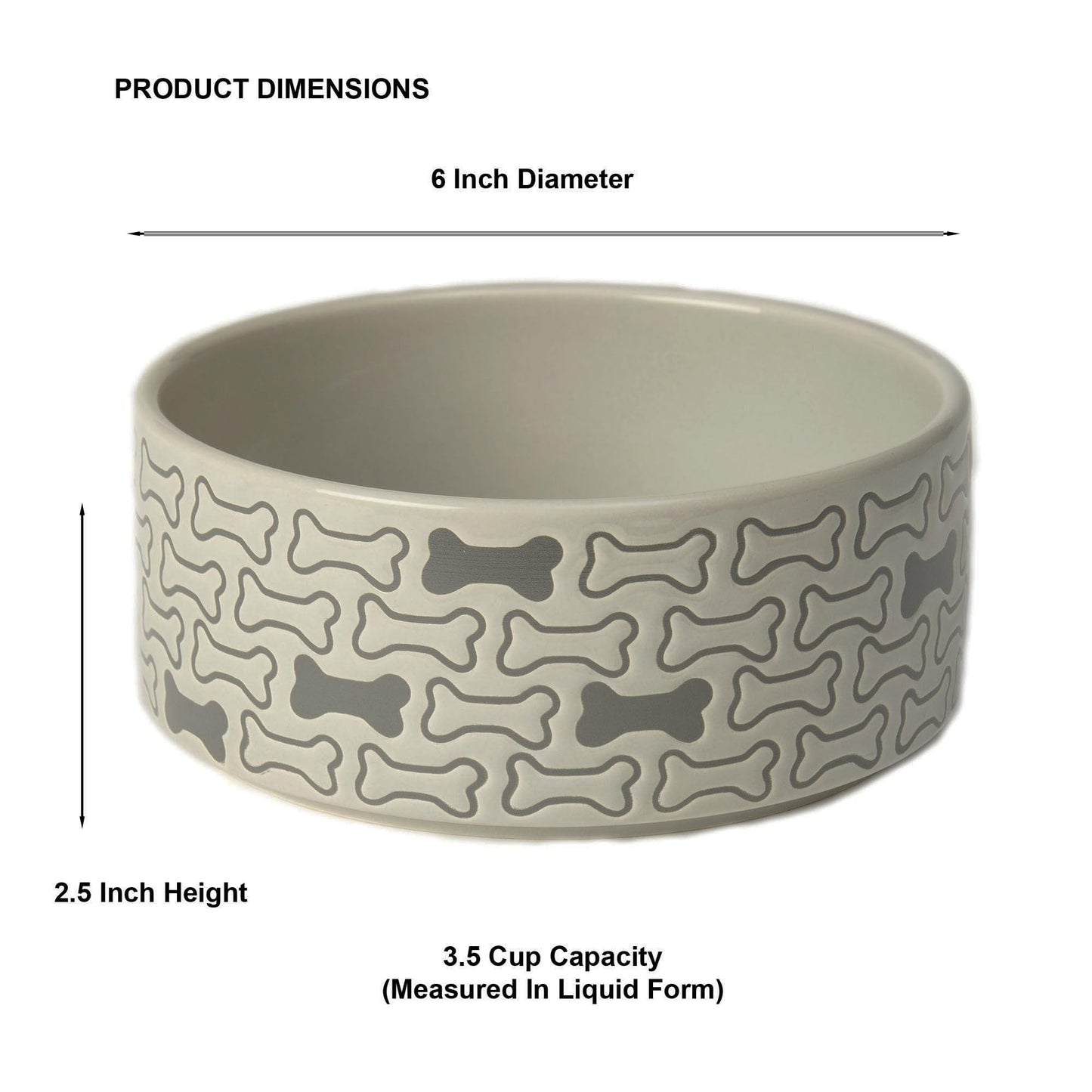 PetRageous 18429 Bones Round Stoneware Dog Bowl 6-Inch Width and 2.5-Inch Height 3.5-Cups Capacity, Grey