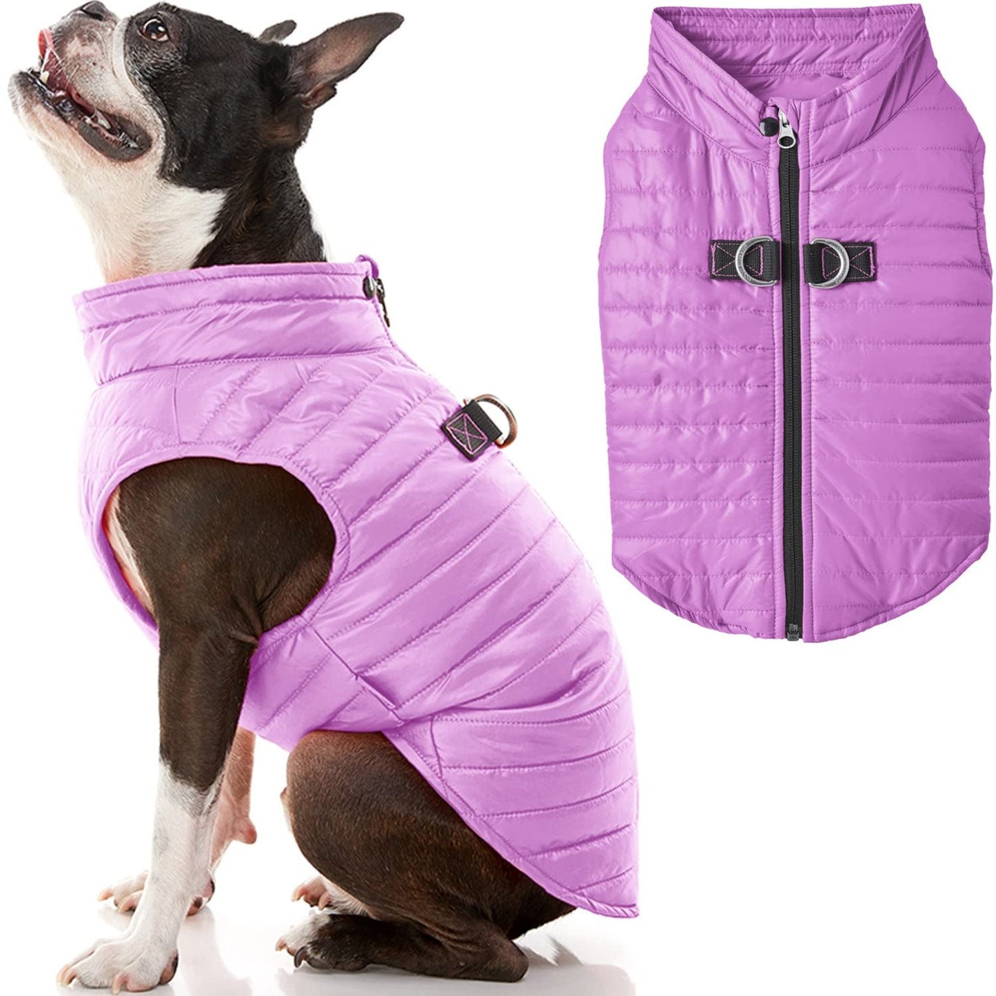 Gooby Puffer Vest Dog Jacket - Purple, X-Small - Ultra Thin Zip Up Wind Breaker with Dual D Ring Leash - Water Resistant Small Dog Sweater Coat - Dog Clothes for Small Dogs Boy or Medium Dogs, (12")