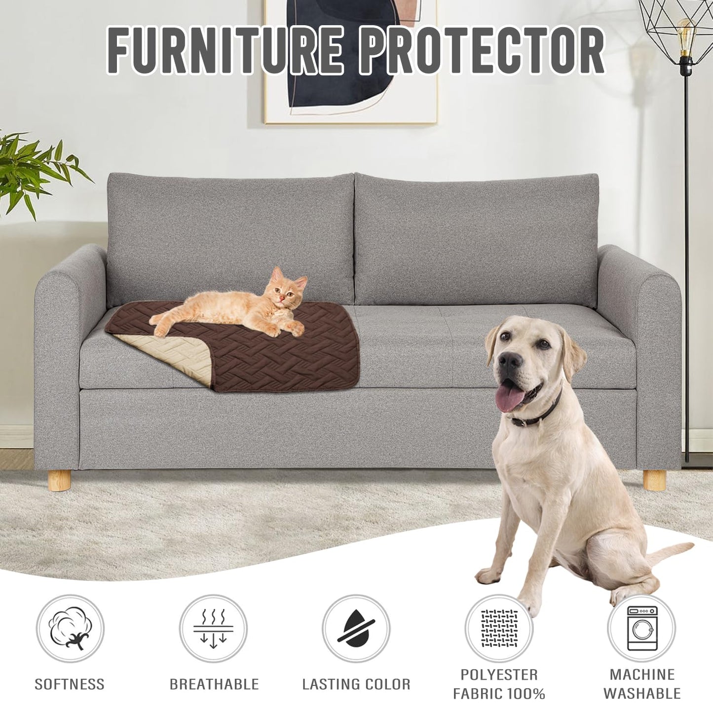 Dog Bed Cover for Pets - Blankets Rug Pads for Couch Protection Waterproof Bed Covers Dog Blanket Furniture Protector Reusable Changing Pad (Brown+Beige, 20"x30")