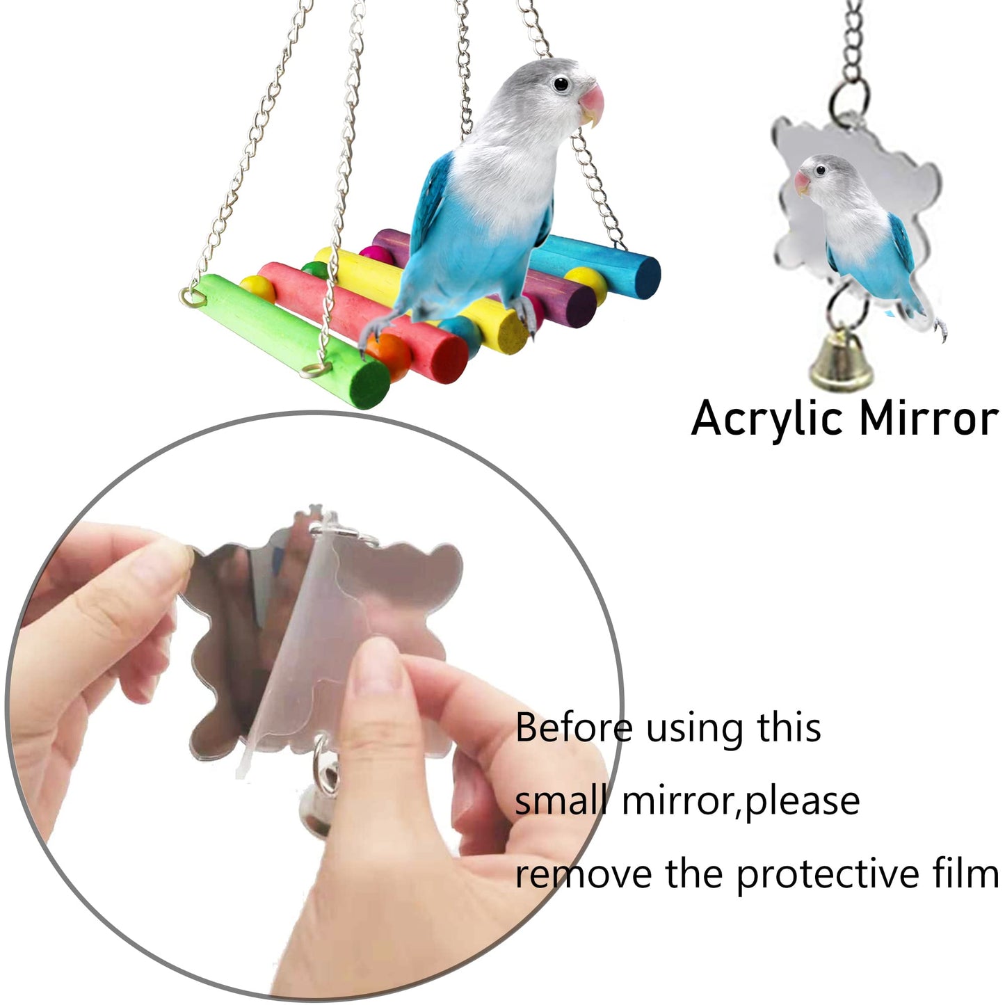 ESRISE 8 Pcs Parakeet Cockatiel Bird Toys, Parrots Cage Accessories Swing Wooden Perch Chewing Toy for Budgerigar, Conures, Love Birds, Finches, Budgies