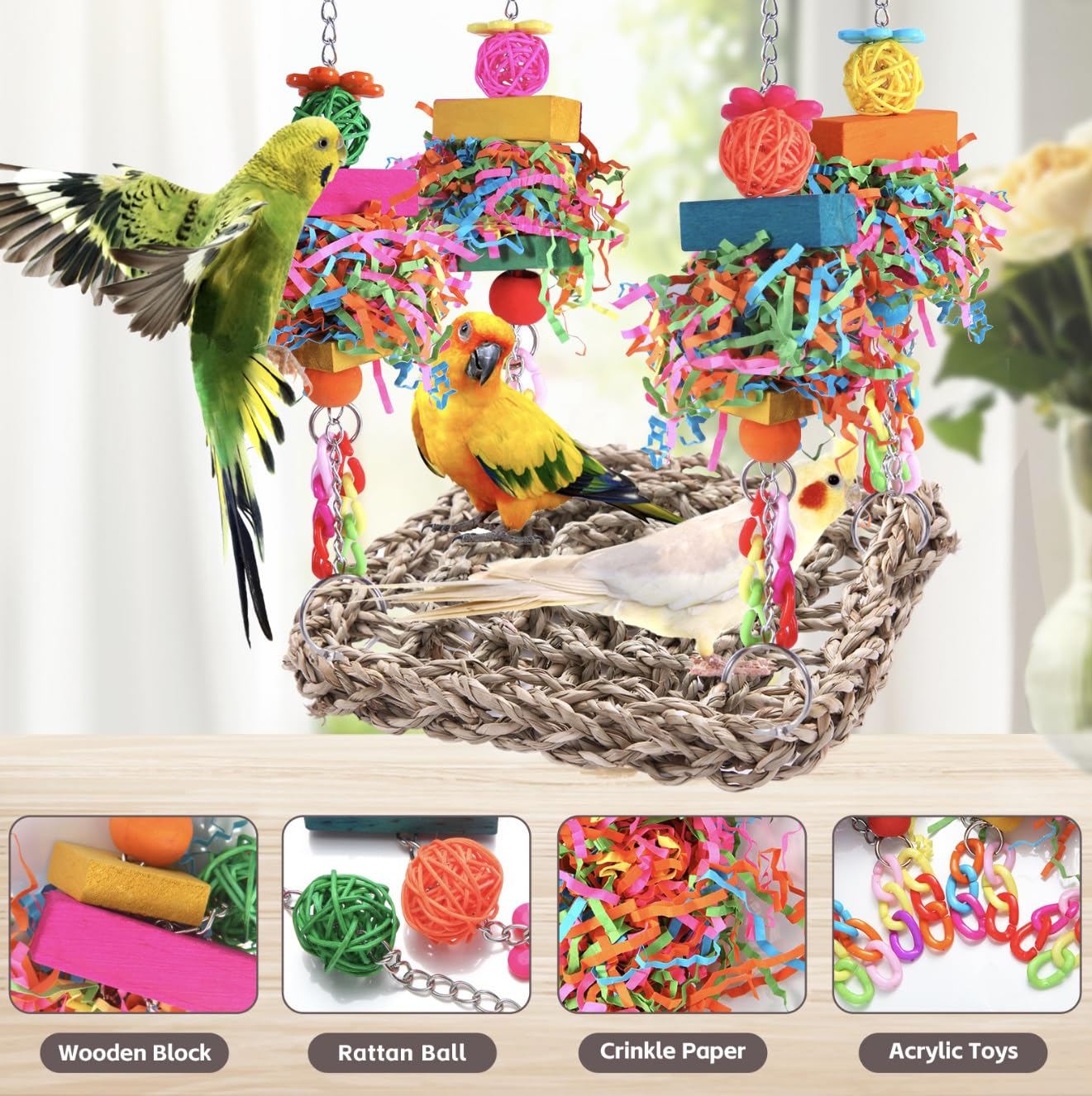 Parakeet Toys Bird Toys Conure Toys Birdcage Stands Bird Foraging Wall Seagrass Woven Hammock Swing Mat for Lovebirds,Cockatiel,Budgie and Other Small to Middle Birds