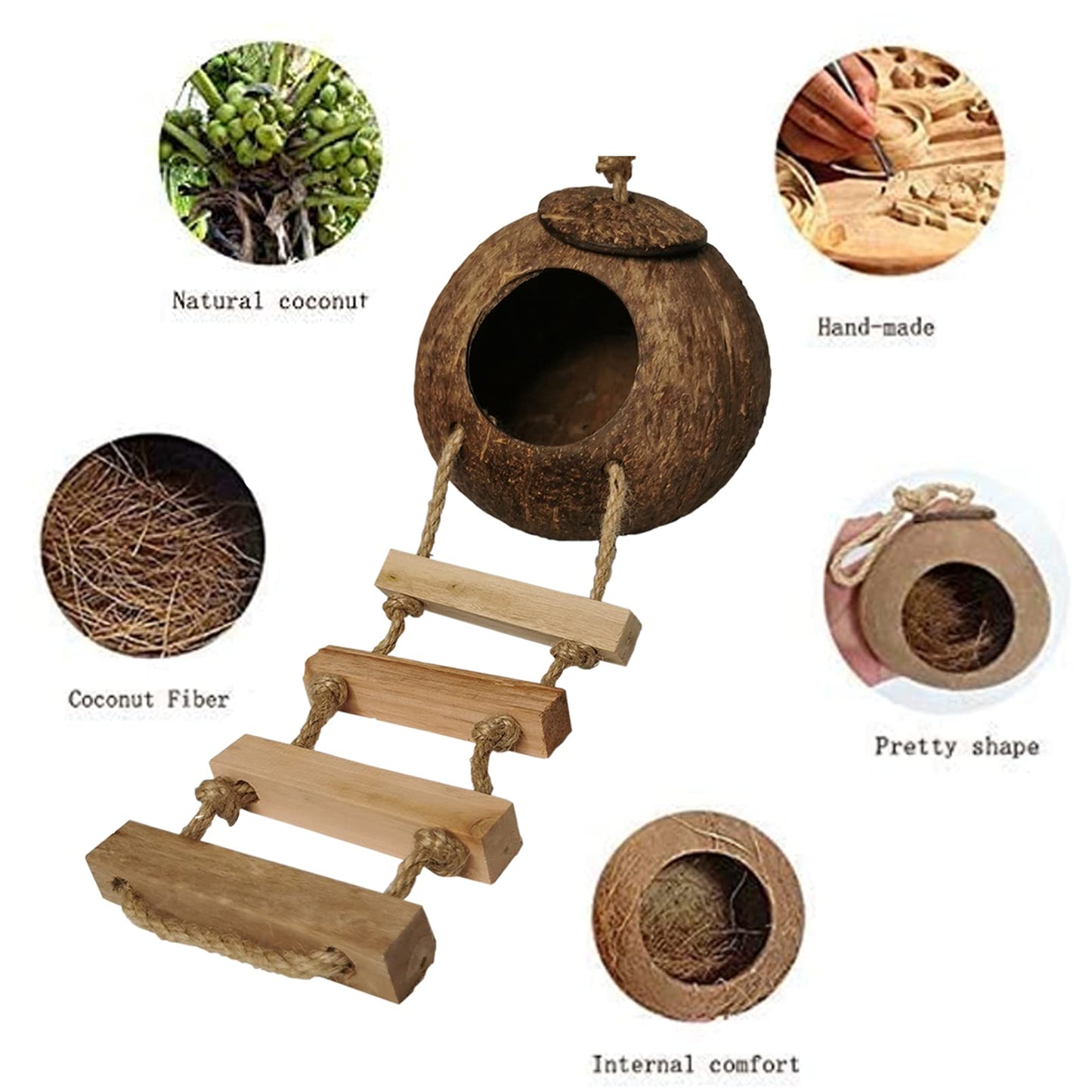 Tfwadmx Coconut Hide with Ladder, Natural Fiber Hanging Birdhouse Cage, Bird Shell Breeding Nest for Parrot, Parakeet, Lovebird, Finch, Canary (2 Pcs)