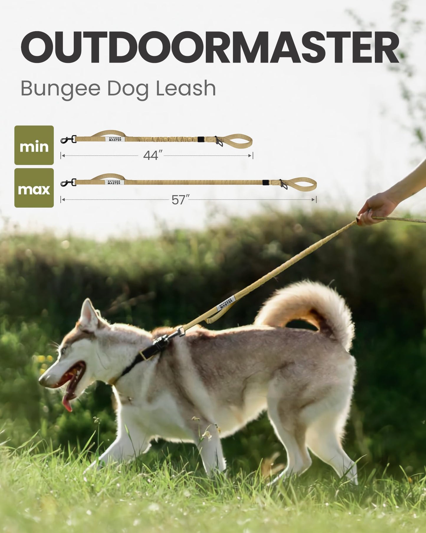 OutdoorMaster Bungee Dog Leash, Heavy Duty Dog Leash with Shock Absorption, 2 Padded Handles Training Leash, Improved Dog Safety and Comfort - Khaki Upgraded, 4 FT