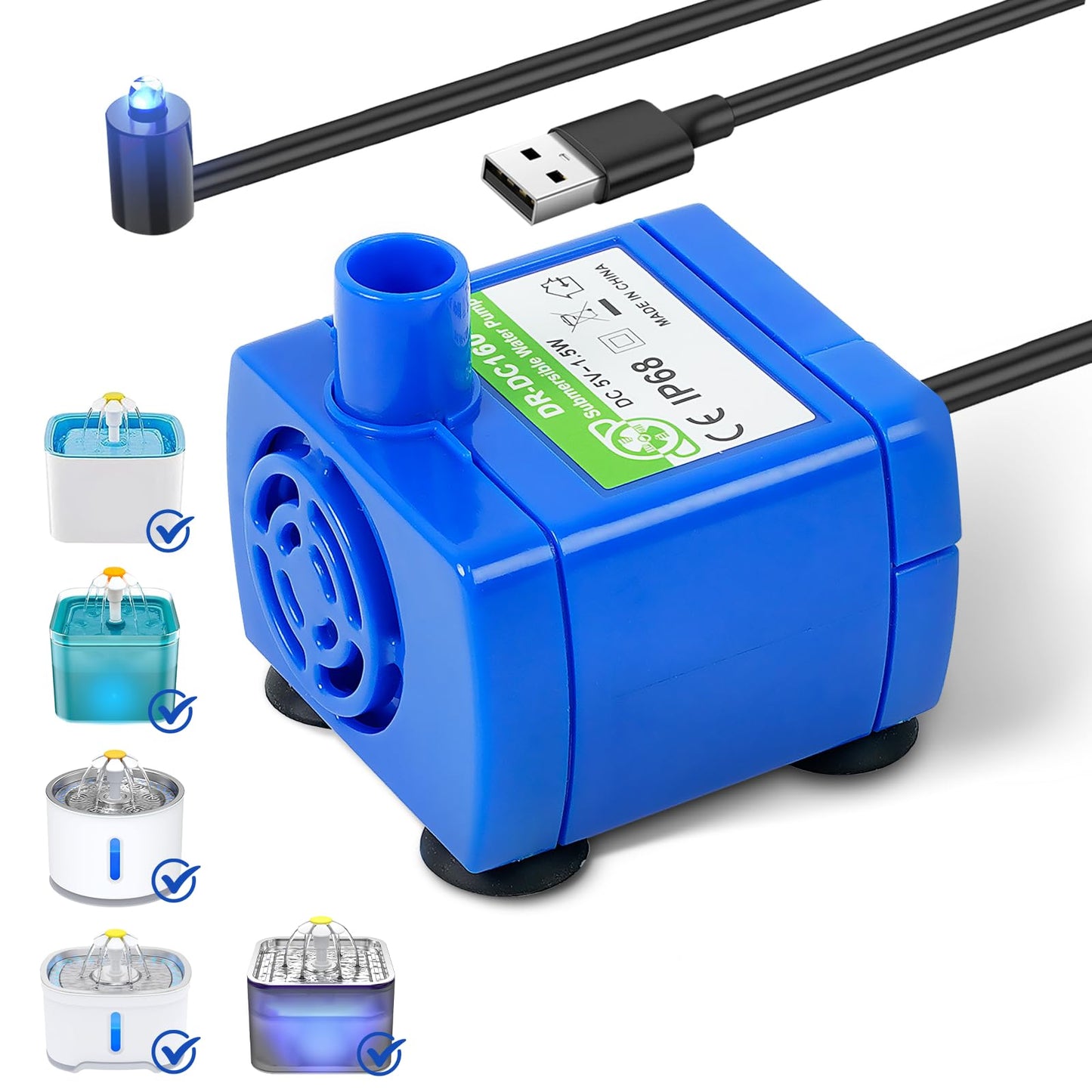 IP68 DR-DC160 submersible water pump Cat Water Fountain Pump for Tritone Ceramic, Stainless Steel, Round Flower Cap Cat Fountains, Automatic Pet Water Dispenser Replacement Pump (With LED)