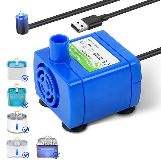 IP68 DR-DC160 submersible water pump Cat Water Fountain Pump for Tritone Ceramic, Stainless Steel, Round Flower Cap Cat Fountains, Automatic Pet Water Dispenser Replacement Pump (With LED)