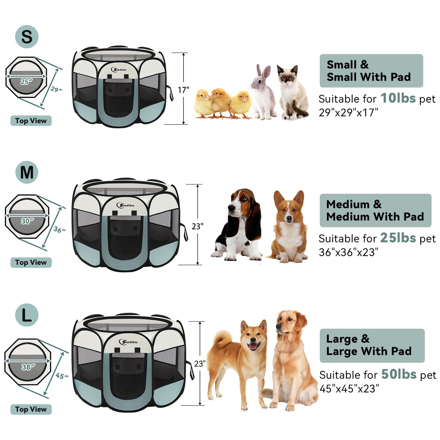 Siedihit Dog Cat Playpen, Puppy Pet Playpen Indoor for Small Dogs Tent Crates Cage Outdoor, Portable Pop Up Dog Kennel Playpen with Carrying Case for Dogs/Cats/Rabbits, Removable Zipper Top, Grey