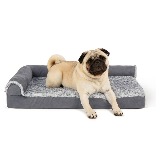 Furhaven Orthopedic Dog Bed for Medium/Small Dogs w/ Removable Bolsters & Washable Cover, For Dogs Up to 35 lbs - Two-Tone Plush Faux Fur & Suede L Shaped Chaise - Stone Gray, Medium