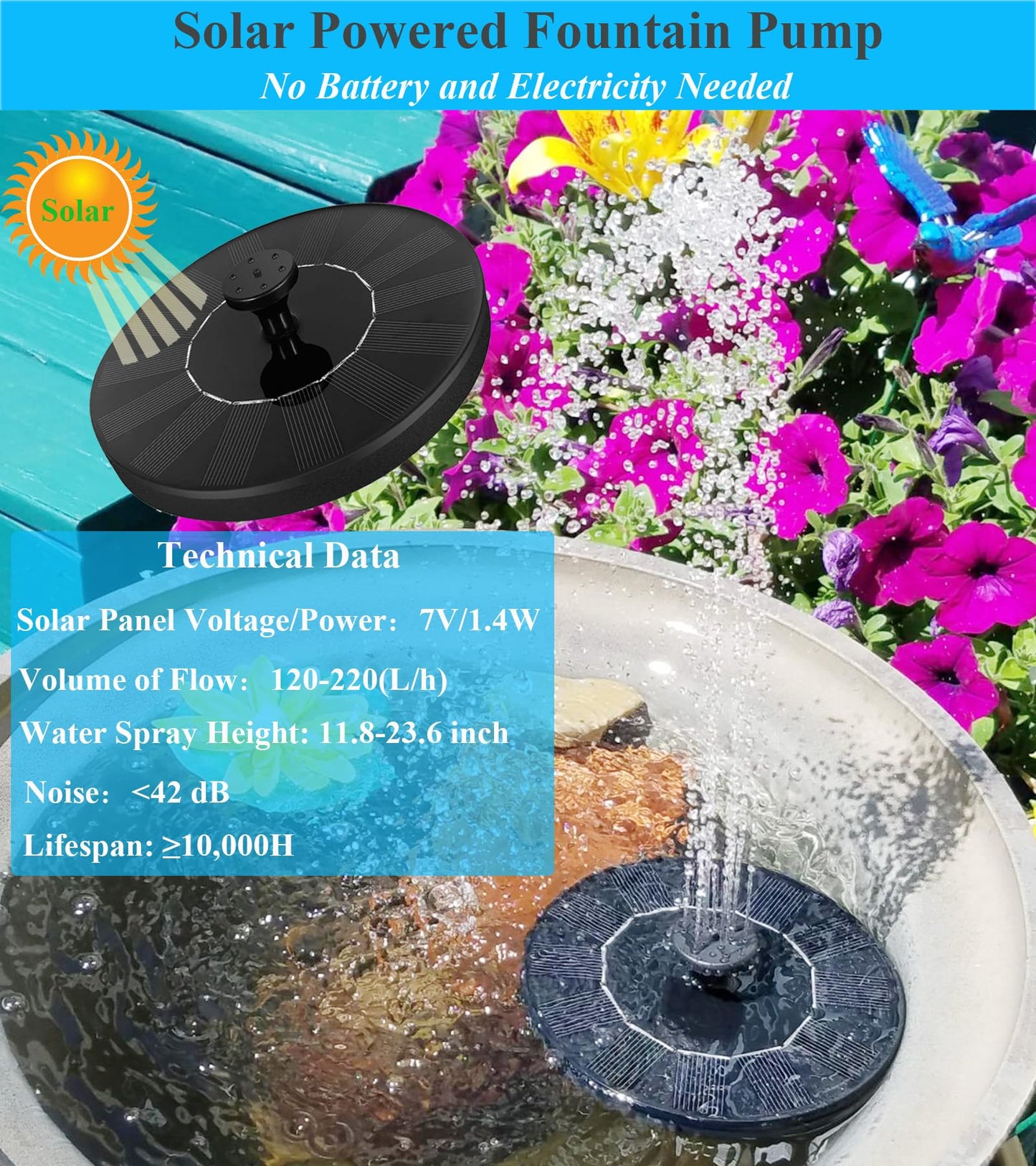 Cookayler Solar Bird Bath Fountain Pump with 6 Nozzle and Anti-Collision Pole,1.4w Solar Powered Free Standing Floating Water Pump for Fish Tank, Pond, Pool, Garden and Outdoor