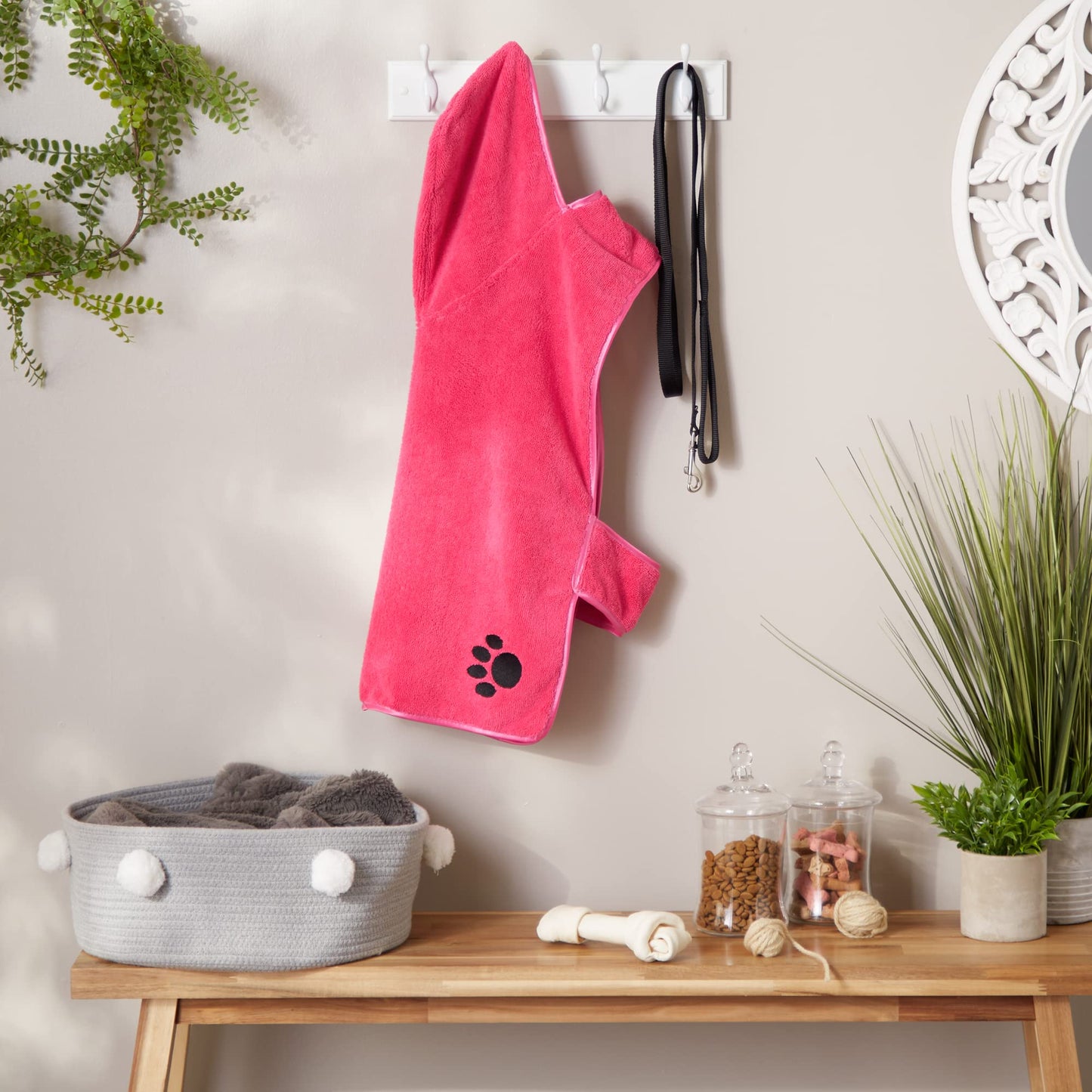 Bone Dry Pet Robe Collection, Embroidered Absorbent Microfiber Bath Robe with Adjustable Closure, for Dogs & Cats, Large, Raspberry Sorbet