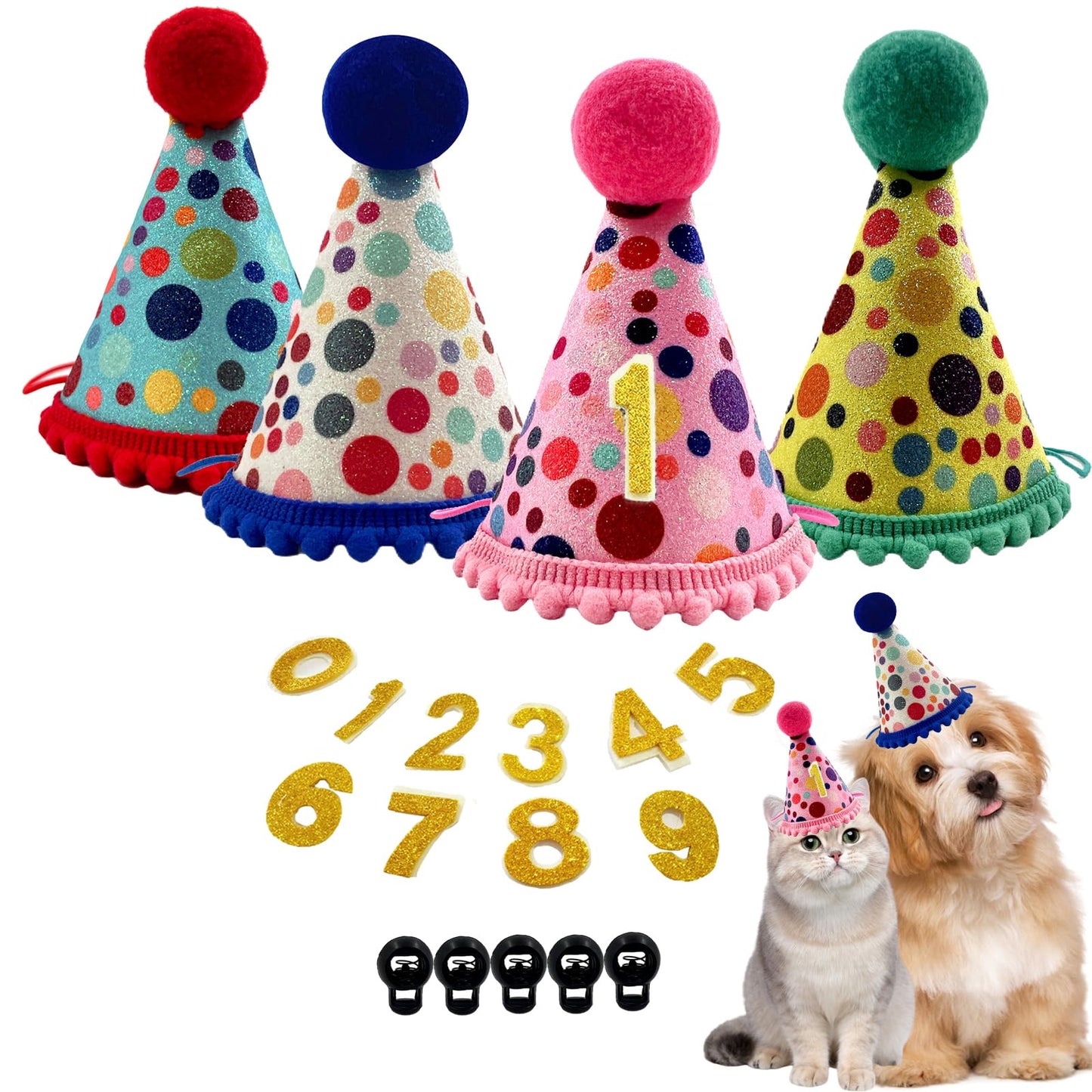 Arogheiz 3/4/5Pcs Small Cats Dogs Birthday Hats Set，Kitten Puppies Party Decoration Hats Grooming Accessories (4 Pcs Dot Print)