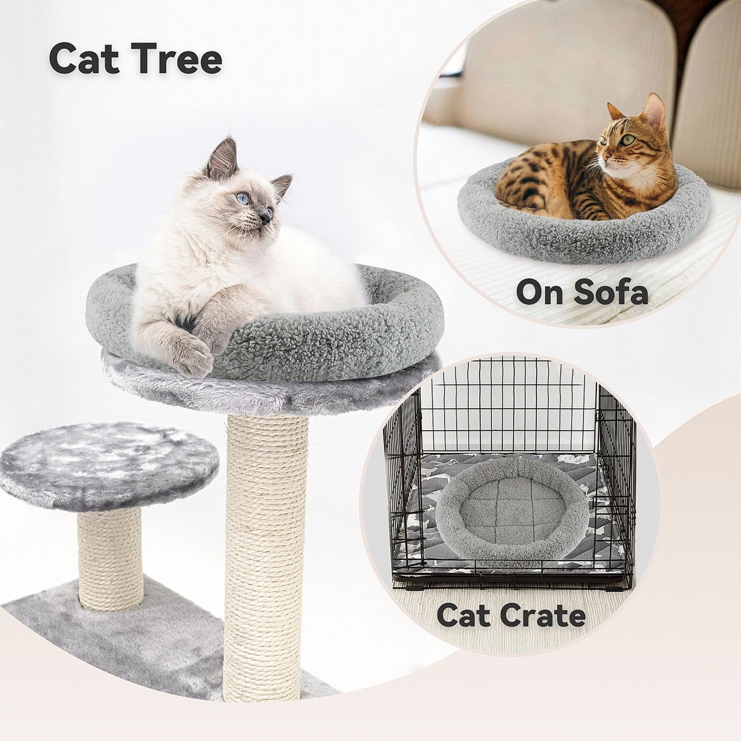 PETLESO Small Cat Bed Mat with Surrounding Pillow, 11.81" Round Soft Cushion for Cats Puppy Rabbits Curling Sleep, Indoor Furniture/Carrier/Crate Pet Self Warming Anti Skid Pad, Washable, Small