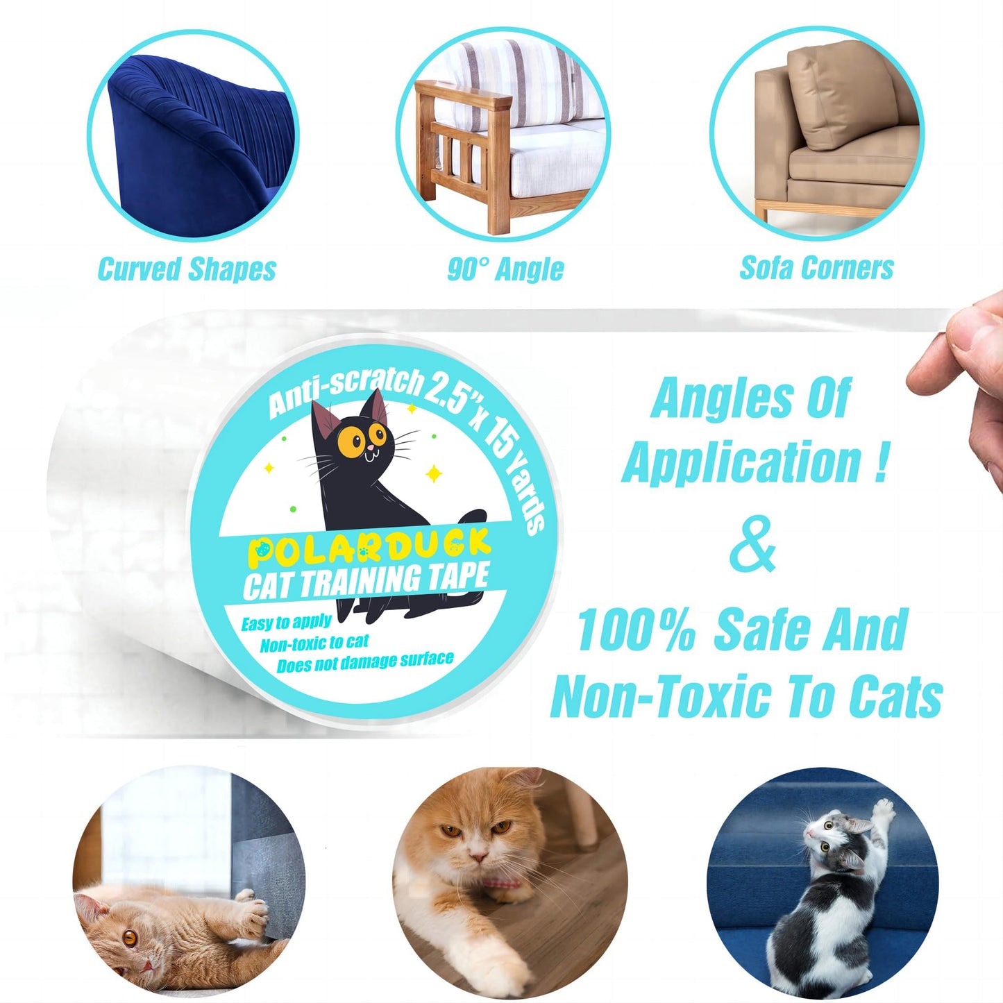 Polarduck Anti Cat Scratch Tape, 2.5 inches x 15 Yards Cat Training Tape, 100% Transparent Clear Double Sided Cat Scratch Deterrent Tape, Furniture Protector for Couch, Carpet, Doors, Pet & Kid Safe
