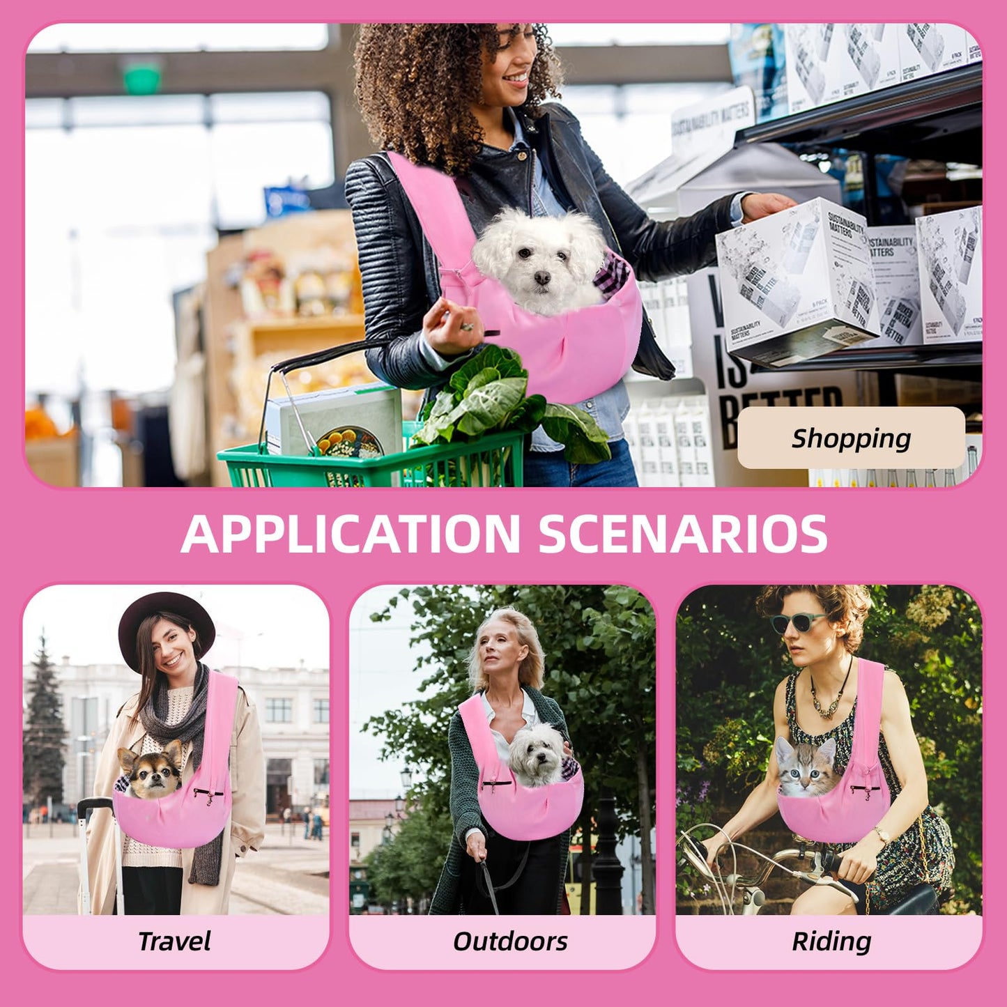 Adjustable Dog Carrier Sling - Hand-Free Dog Carriers for Small Dogs and Cats, Puppy Sling Carrier with Zipper Purse Pocket, Travel Safety Harness, Puppy Essentials (Pink)