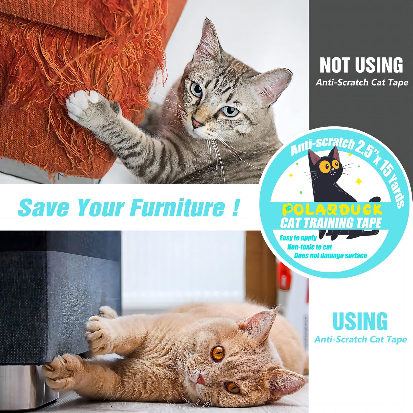 Polarduck Anti Cat Scratch Tape, 2.5 inches x 15 Yards Cat Training Tape, 100% Transparent Clear Double Sided Cat Scratch Deterrent Tape, Furniture Protector for Couch, Carpet, Doors, Pet & Kid Safe