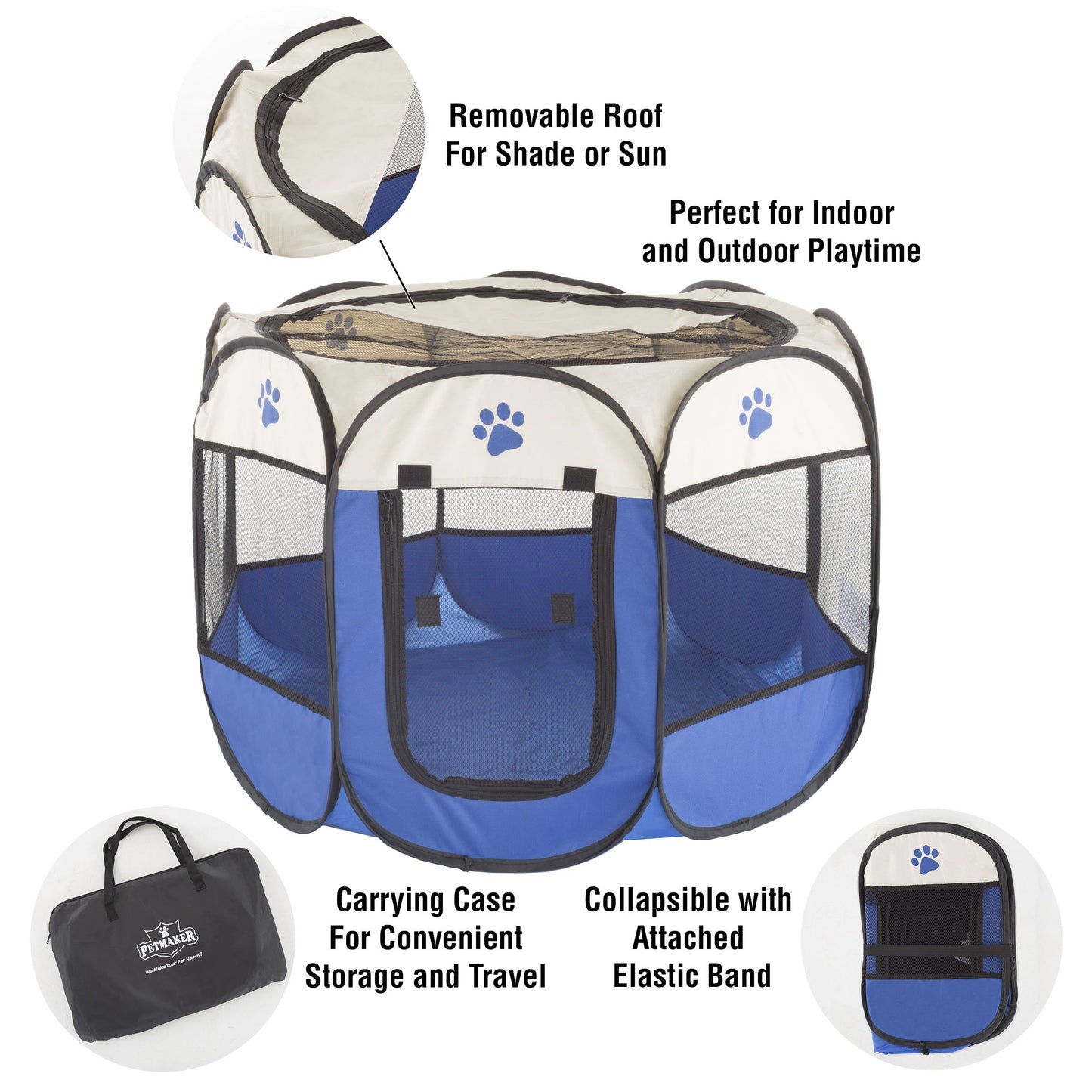 Pop-Up Pet Playpen - Indoor and Outdoor Dog Pen with Carrying Case - Portable Pet Enclosure for Dogs, Cats, and Other Small Animals by PETMAKER (Blue)